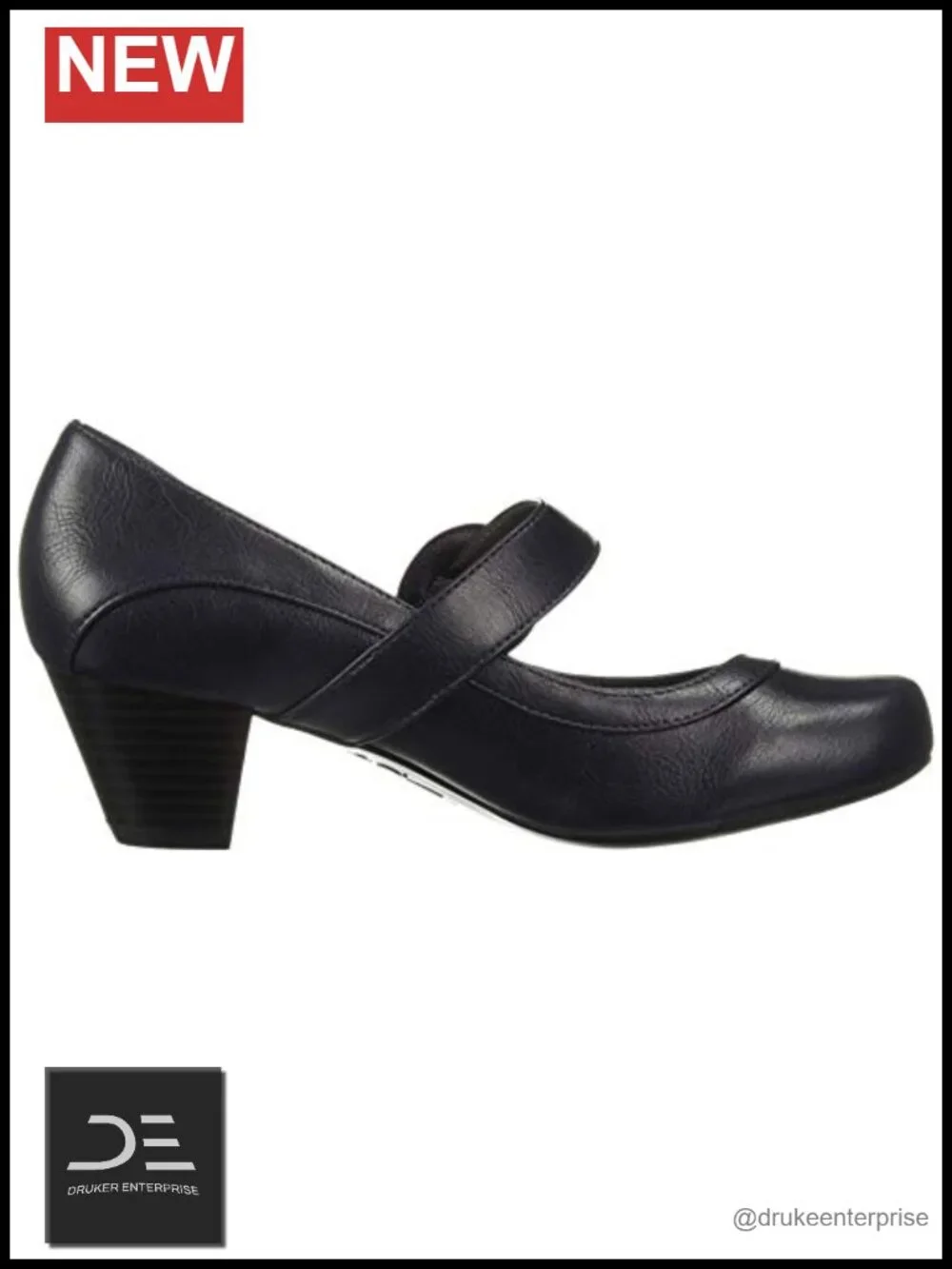 Faux Leather Mary Jane Pumps with Block Heel, Slip-On, Adjustable Buckle